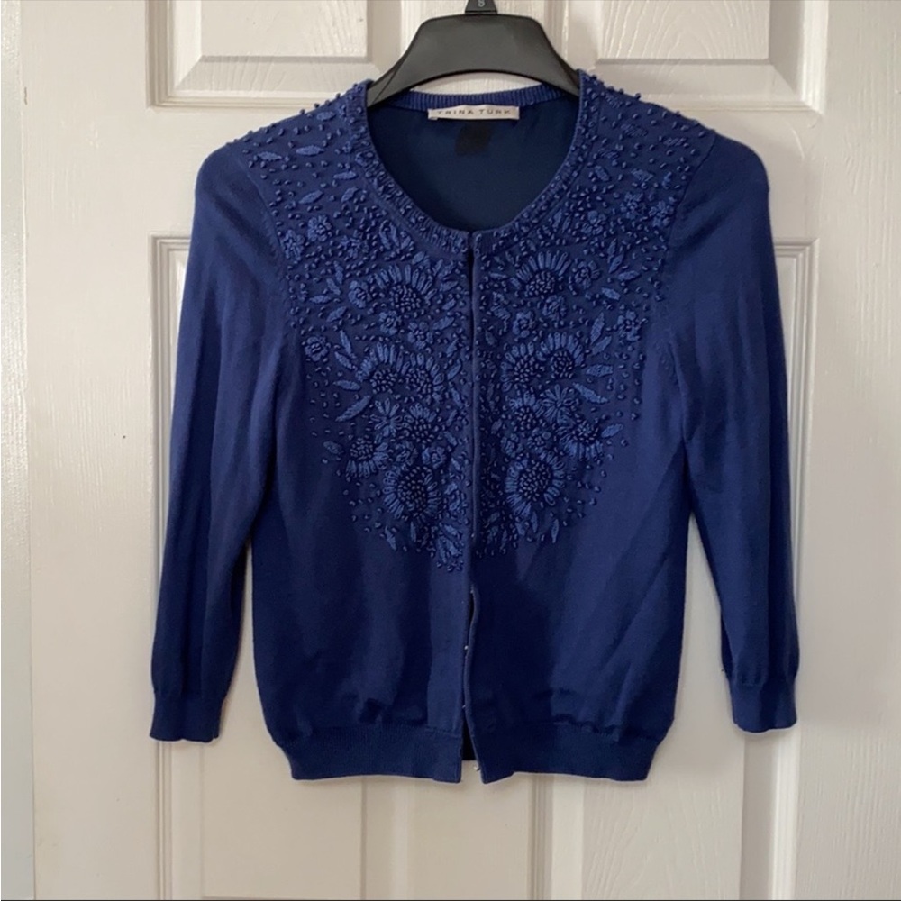 Trina Turk Navy Cobalt Blue Silk Embroidery Floral Cardigan Sweater